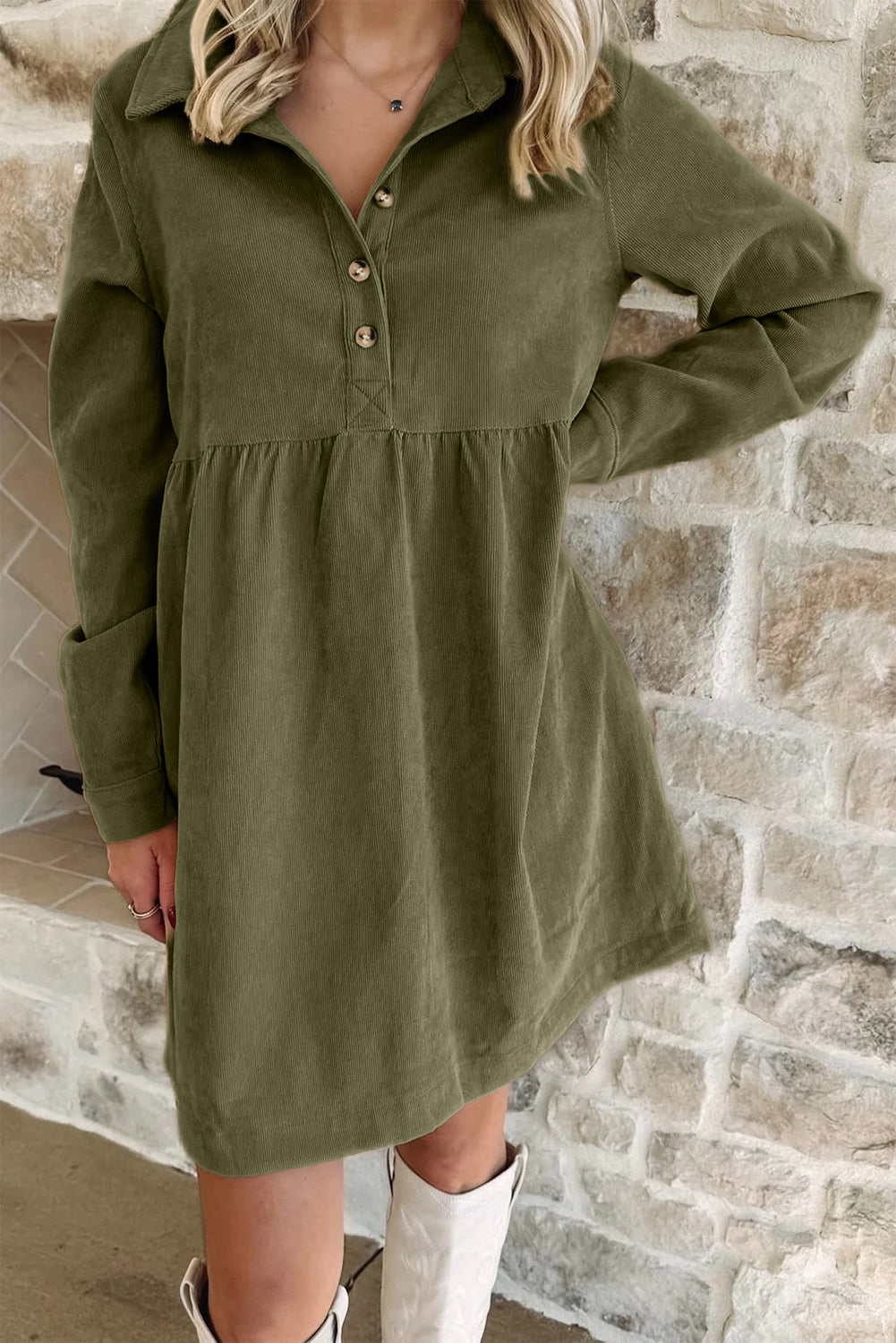 Oatmeal Corduroy Half Button Collared Long Sleeve Mini Dress