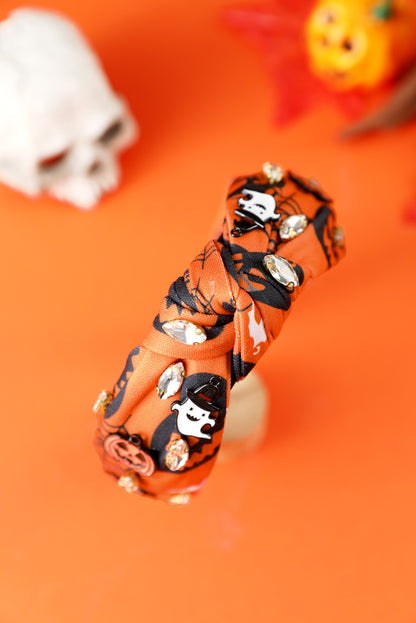 Orange Halloween Pumpkin Ghost Rhinestone Knotted Headband