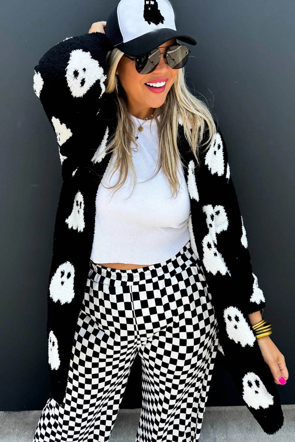 Black Halloween Ghost Pattern Mid length Knitted Cardigan