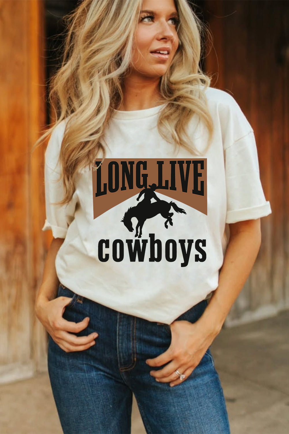 White LONG LIVE Cowboys Western Heat Transfer Printing Graphic Loose Tee
