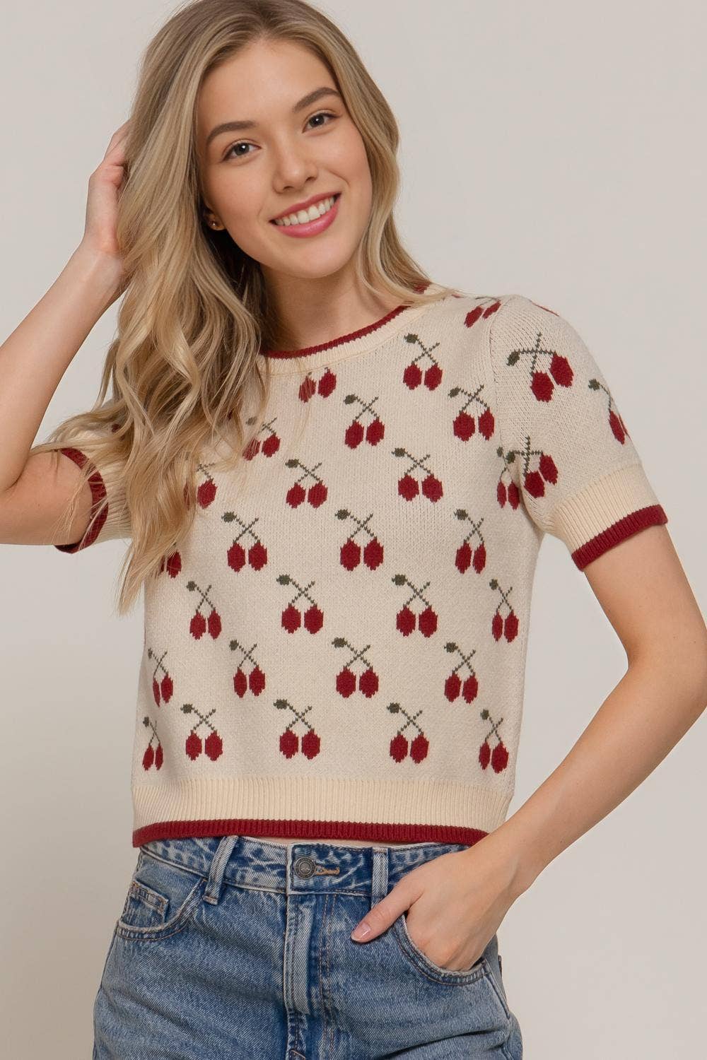 ,....1029 Cherry Pattern Sweater SI-28997: BLU-blue/red-190992 / L