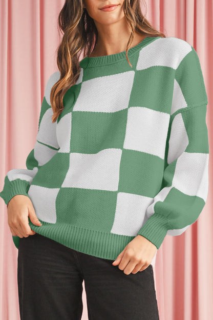 Green Checkered Bishop Sleeve Pullover Sweater