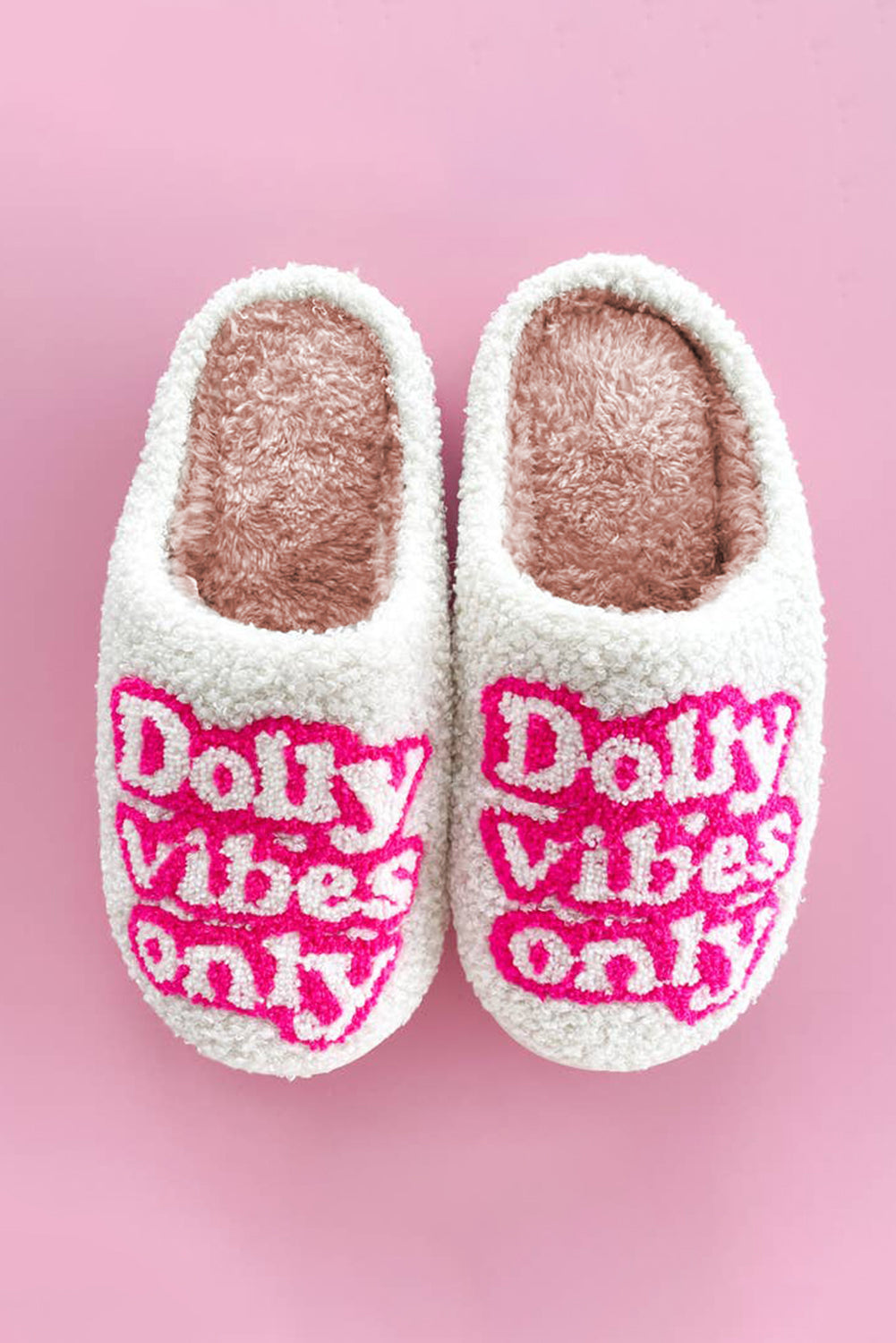 White Dolly Vibes Only Slip On Plush Slippers