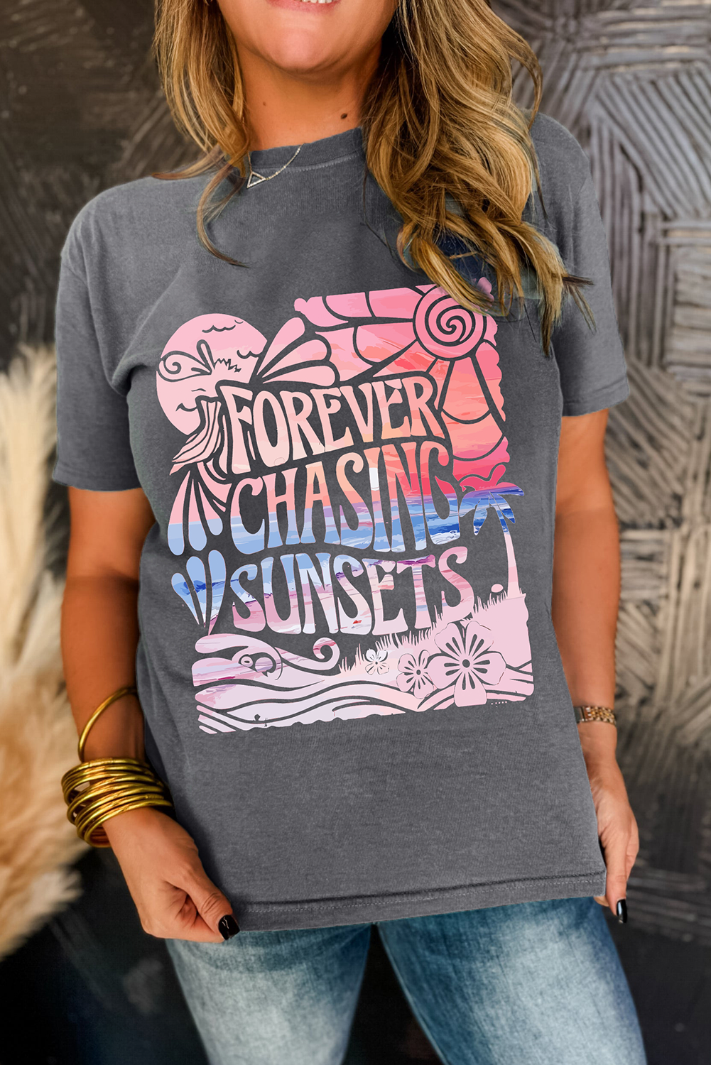 Gray FOREVER CHASING SUNSETS Heat Transfer Printing Graphic Summer T Shirt