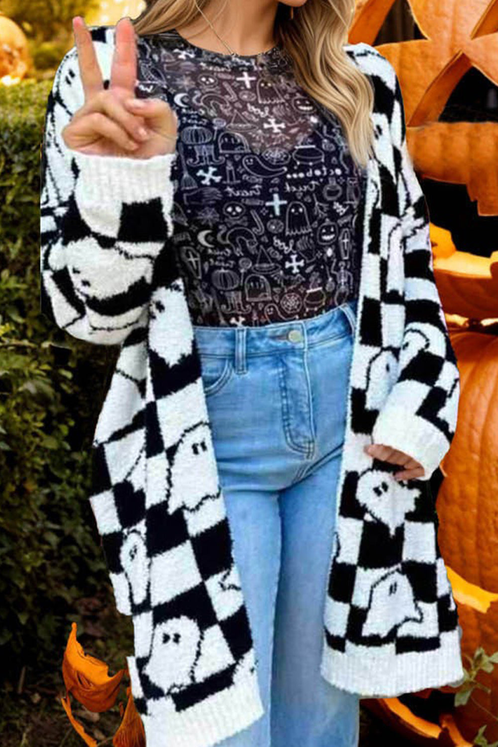 Black Halloween Ghost Pattern Mid length Knitted Cardigan