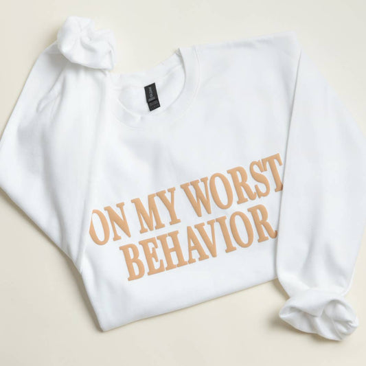 ON MY WORST BEHAVIOR PUFF MIDWEIGHT Sweatshirt: WHITE / XL