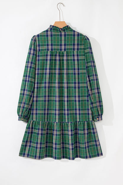 Green Plaid Print Frill Neck Long Sleeve Mini Dress