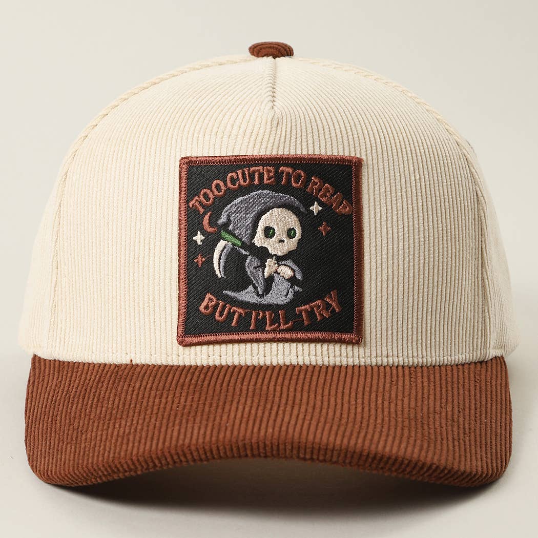 Skull Grim Reaper Patch Corduroy Trucker Cap: BEIGE / One Size