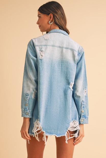 Beau Blue Light Wash Distressed Frayed Long Denim Shacket