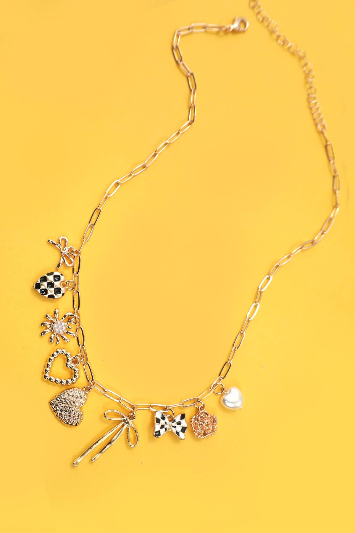 CHARM NECKLACE-BOW CHECKER HEART FLORAL |  80N91685: GOLD