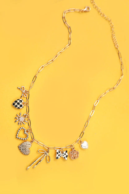 CHARM NECKLACE-BOW CHECKER HEART FLORAL |  80N91685: GOLD