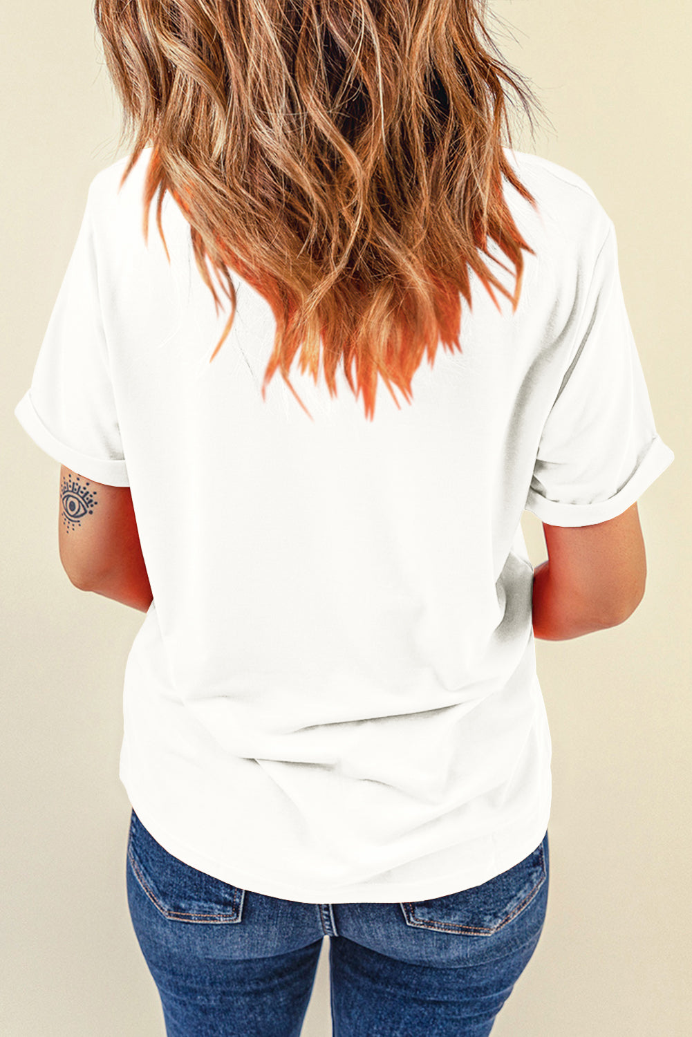 White Rodeo Sequins Patch Graphic Casual Round Neck Tee