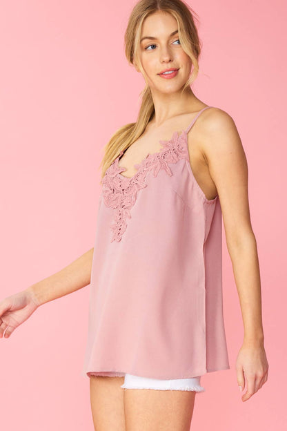 ST26144 - LACE CROCHET CONTRASTED TANK TOP/ADJUSTABLE STRAP: MAUVE / L