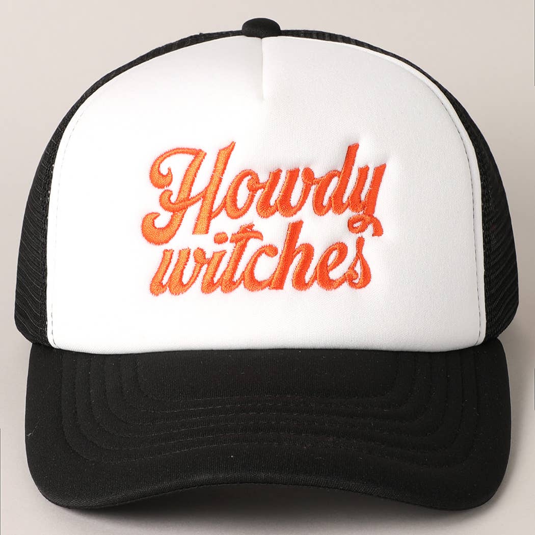 Howdy Witches Embroidered Mesh Back Trucker Hat : BLACK-ORANGE / ONE SIZE