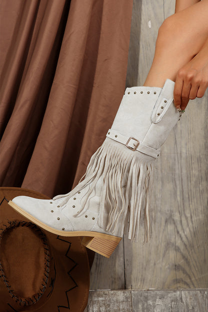Jet Stream Faux Suede Studded Fringe Trim Heel Boots