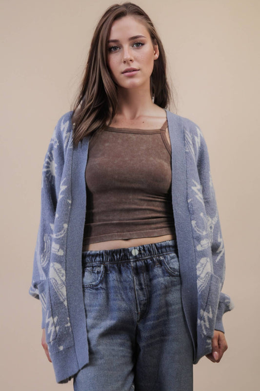 Oversized Western Graphic Knit Sweater Cardigan