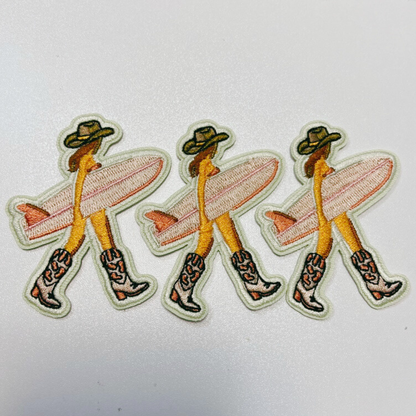 2.5" Cowgirl w Surfboard - Embroidered Hat Patch: Embroidered Patch