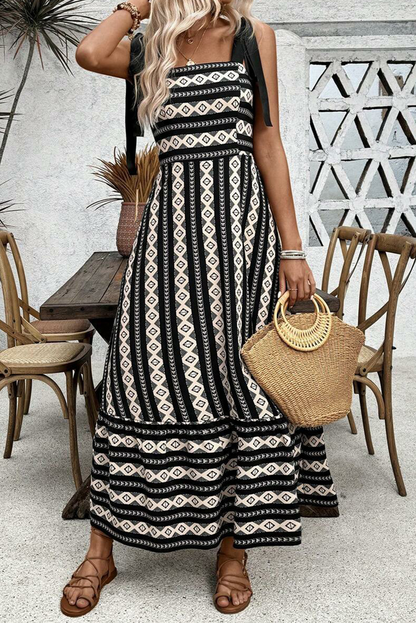 Black Geometric Striped Knot Strap Maxi Dress