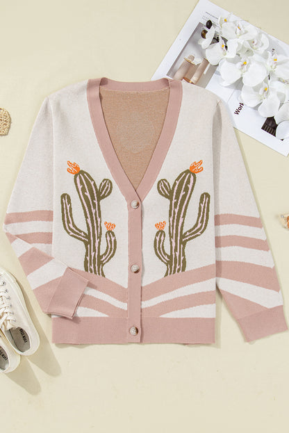 Apricot Cactus Print V Neck Plus Size Button Cardigan