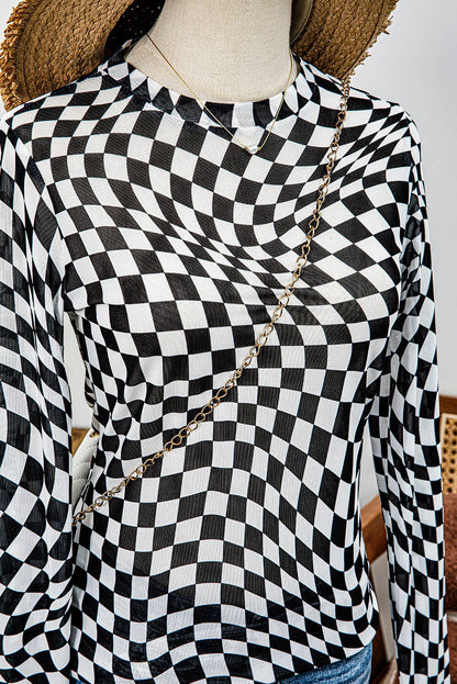 Western Checkered Pattern Mesh Mock Neck Long Sleeve Top: Khaki / Missy / XL