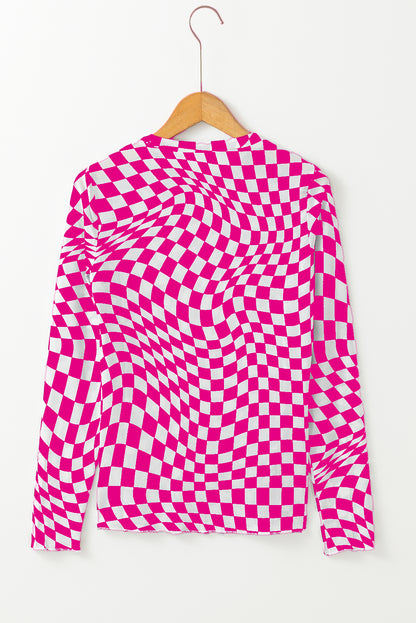 Rose Checkered Pattern Mesh Long Sleeve Top
