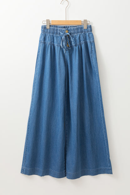 Dusk Blue Mineral Wash Button High Waist Wide Leg Jeans