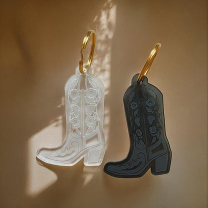 Floral Rose Cowboy Boot Western Keychain Jewelry : Midnight Black / Gold