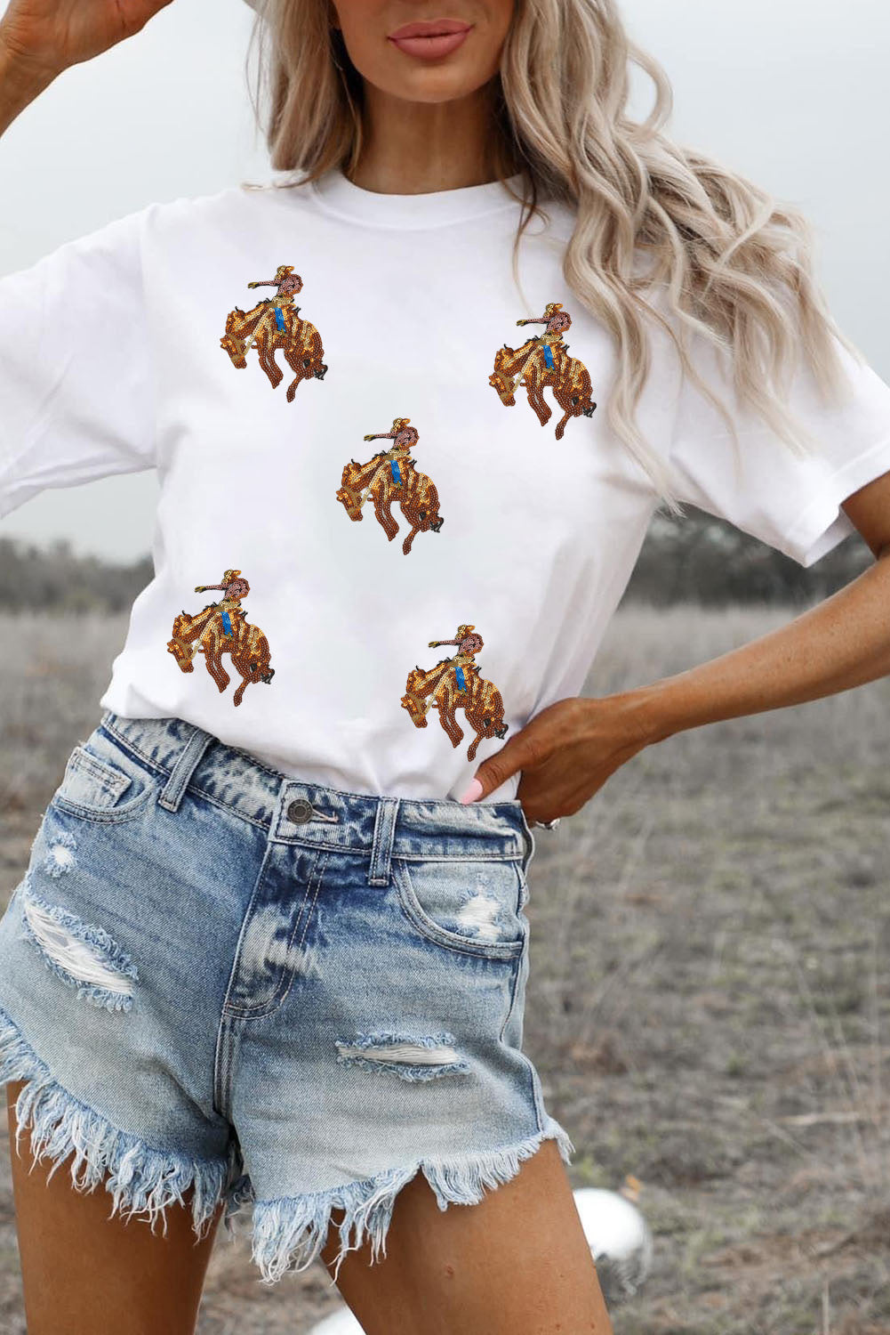 White Rodeo Sequins Patch Graphic Casual Round Neck Tee