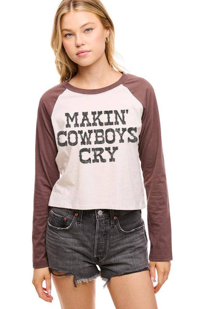 Makin' Cowboys Cry L/S Raglan Graphic Tee: BLACK/CHARCOAL / S