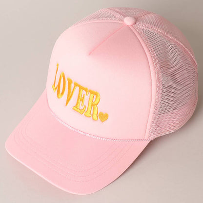 Lover Text Embroidery Foam Mesh Back Trucker Hat: Beige / ONE SIZE