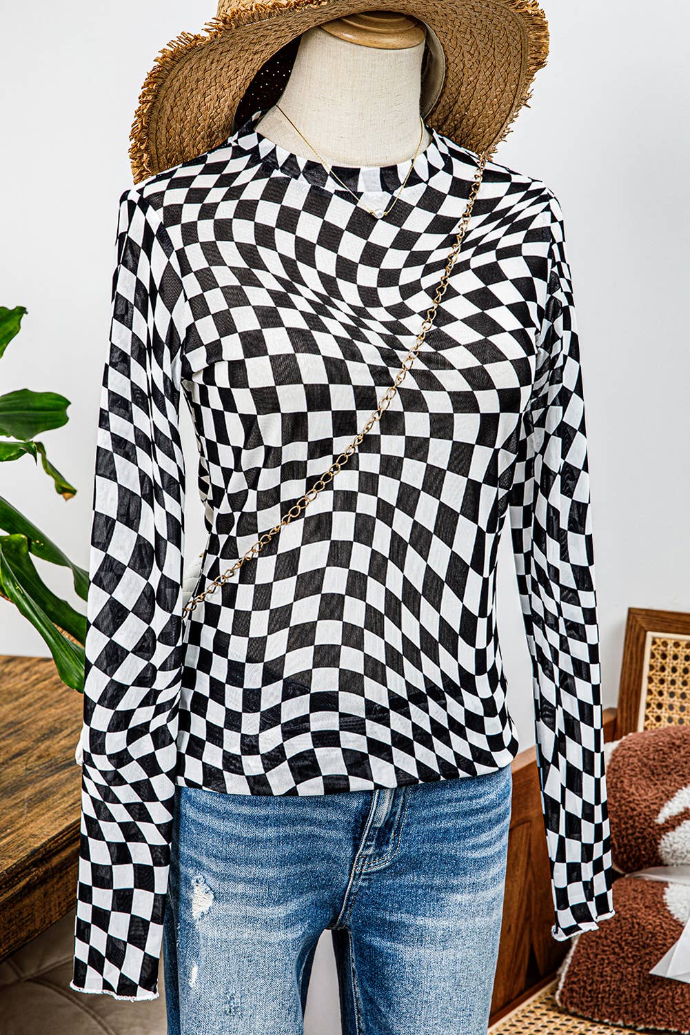 Western Checkered Pattern Mesh Mock Neck Long Sleeve Top: Black / Missy / XL