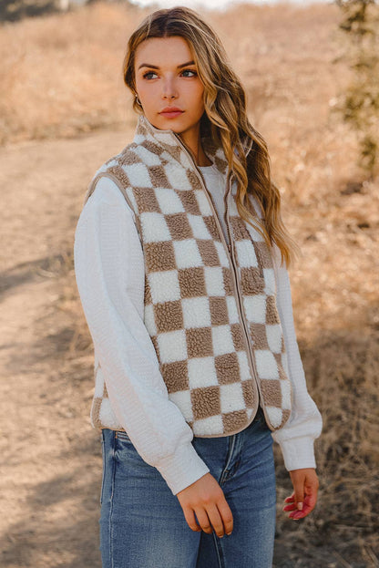 Fashion-W Checkered Sherpa Collared Jacket Vest: Black / Missy / L