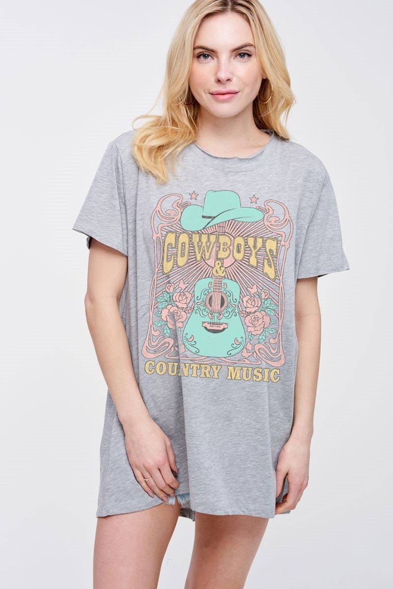 Cowboys & Country Music Graphic Cotton Tunic: TAUPE / L