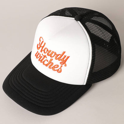 Howdy Witches Embroidered Mesh Back Trucker Hat : BLACK-ORANGE / ONE SIZE