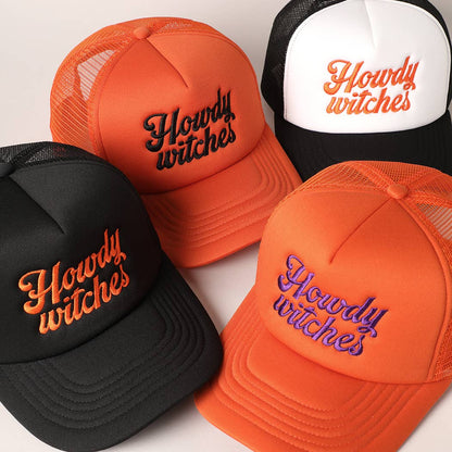 Howdy Witches Embroidered Mesh Back Trucker Hat : BLACK-ORANGE / ONE SIZE