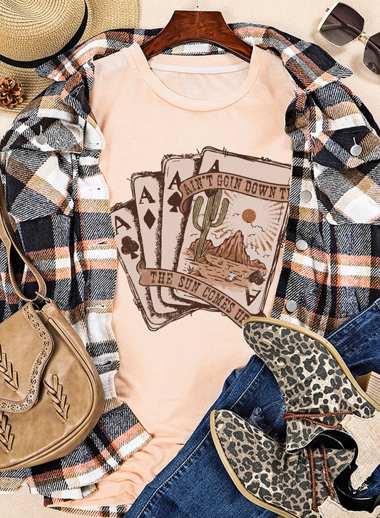 Khaki Western Poker Card Graphic T Shirt