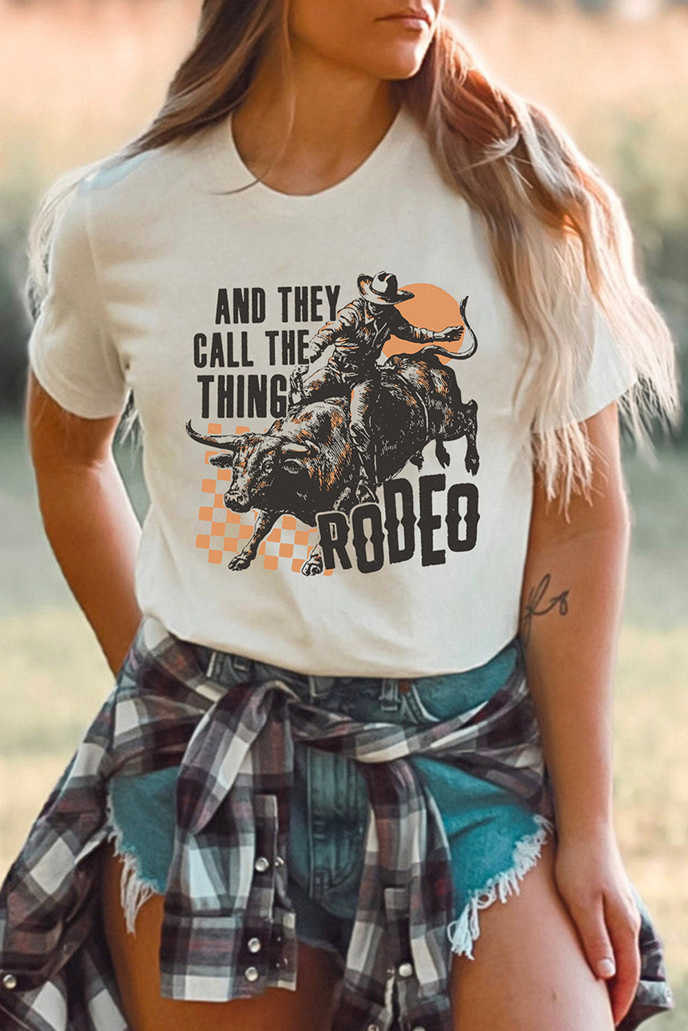 White AND THEY CALL THE THING RODEO Heat Transfer Printing Graphic Crewneck Tee