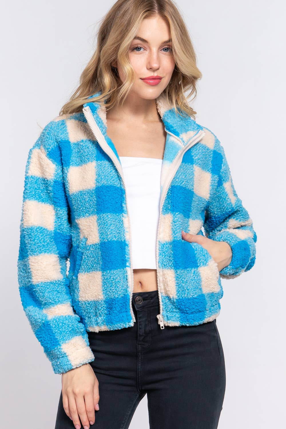 Buffalo Check Teal Zipper Coat