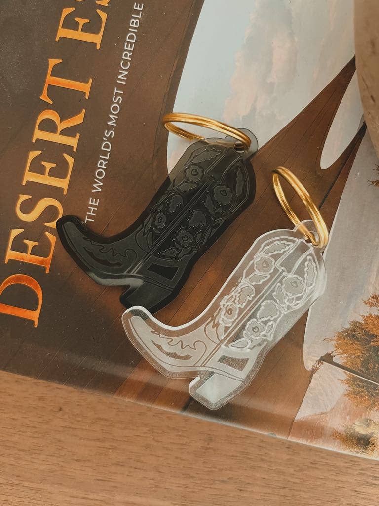 Floral Rose Cowboy Boot Western Keychain Jewelry : Frosty White / Gold