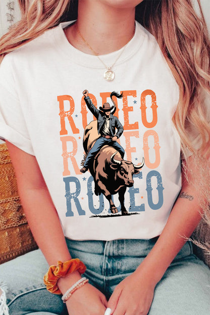 White RODEO Heat Transfer Printing Graphic T Shirt