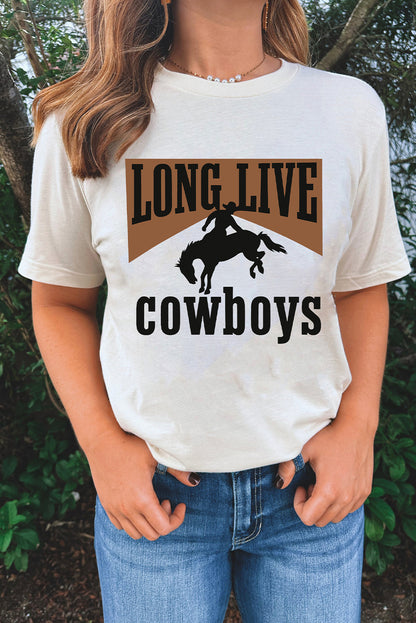 White LONG LIVE Cowboys Western Heat Transfer Printing Graphic Loose Tee