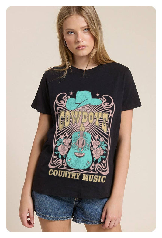 Cowboys & Country Music Graphic Premium Cotton Reg Fit Tee: BLACK / M