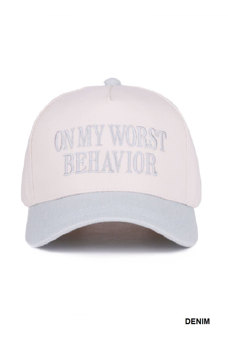 ,,,...._ 0919 On My Worst Behavior Two Tone Canvas Cotton Cap SI-28817: BLACK-189427 / OS