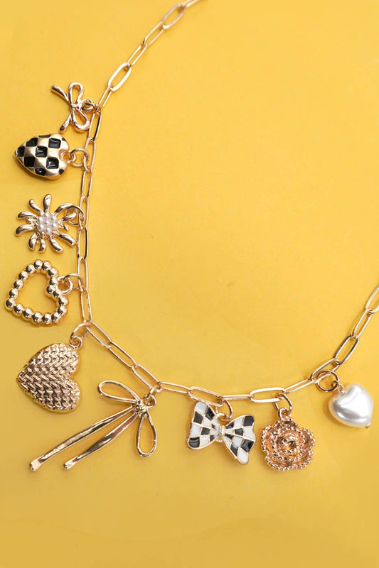 CHARM NECKLACE-BOW CHECKER HEART FLORAL |  80N91685: GOLD