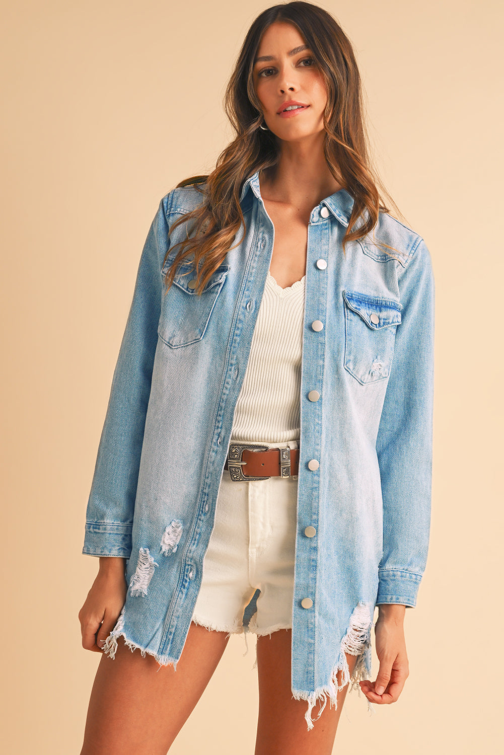 Beau Blue Light Wash Distressed Frayed Long Denim Shacket