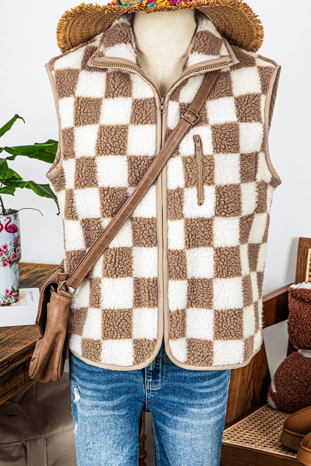 Fashion-W Checkered Sherpa Collared Jacket Vest: Black / Missy / L