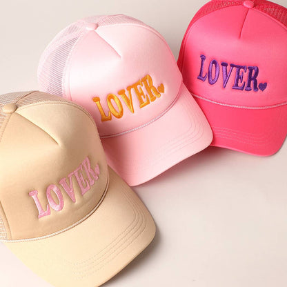 Lover Text Embroidery Foam Mesh Back Trucker Hat: Beige / ONE SIZE