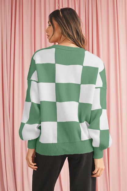 Green Checkered Bishop Sleeve Pullover Sweater
