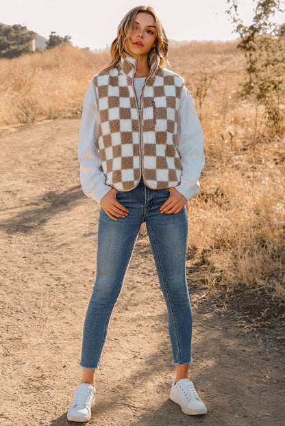 Fashion-W Checkered Sherpa Collared Jacket Vest: Black / Missy / L