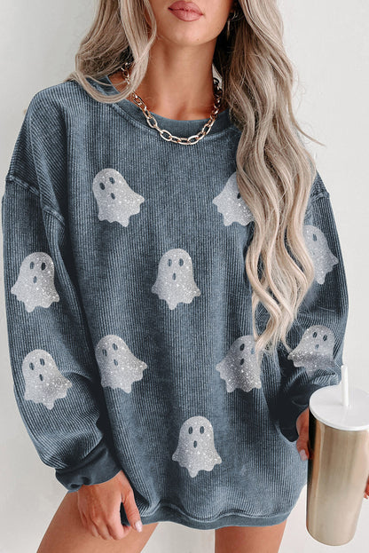 Black Halloween Ghost Transfer Vinyl Process Corded Crew Neck Loose Sweatshirt